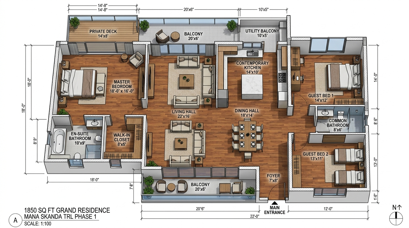 3 BHK Grand Residence Layout Plan